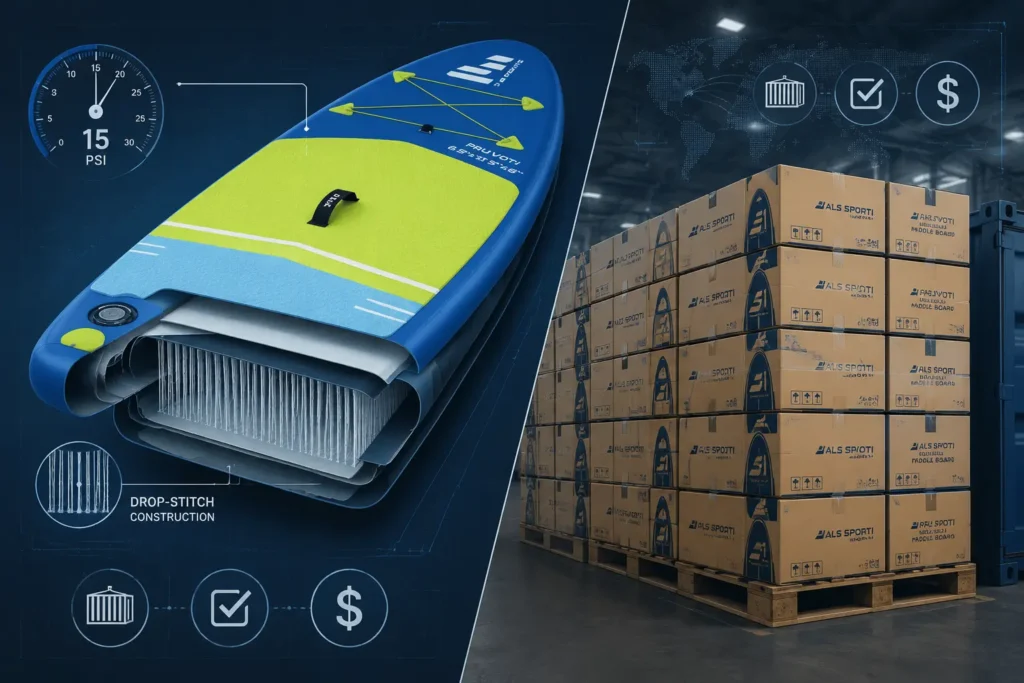 Technical cutaway of an inflatable paddleboard showing drop-stitch construction alongside neatly stacked shipping boxes in a modern warehouse, corporate infographic style
