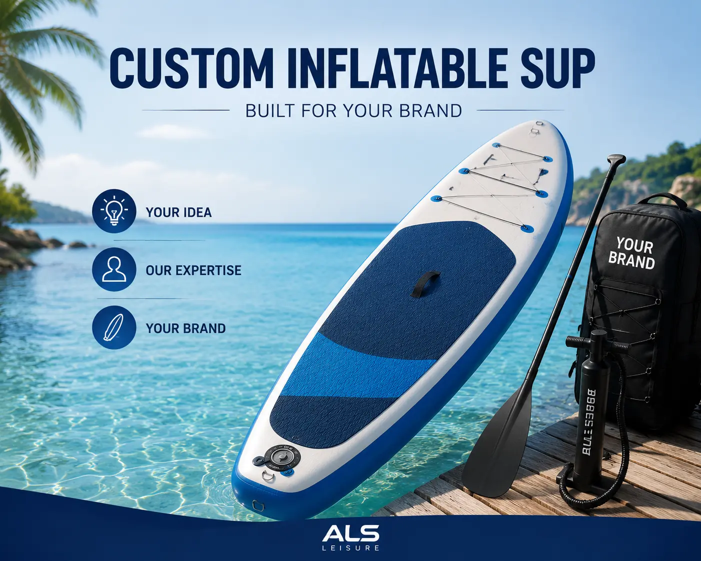 Custom inflatable SUP development scene featuring a paddle board, backpack, pump, and branding elements for private label and OEM SUP projects.