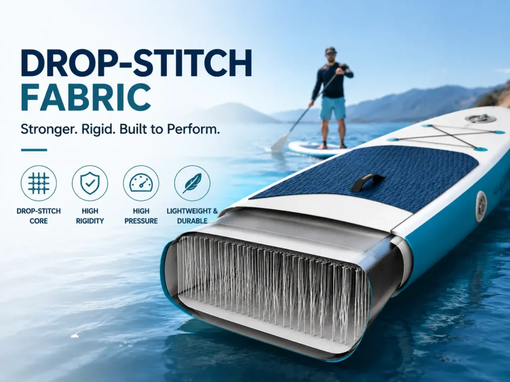 Cutaway view of inflatable SUP showing drop-stitch fabric core structure for improved rigidity and durability