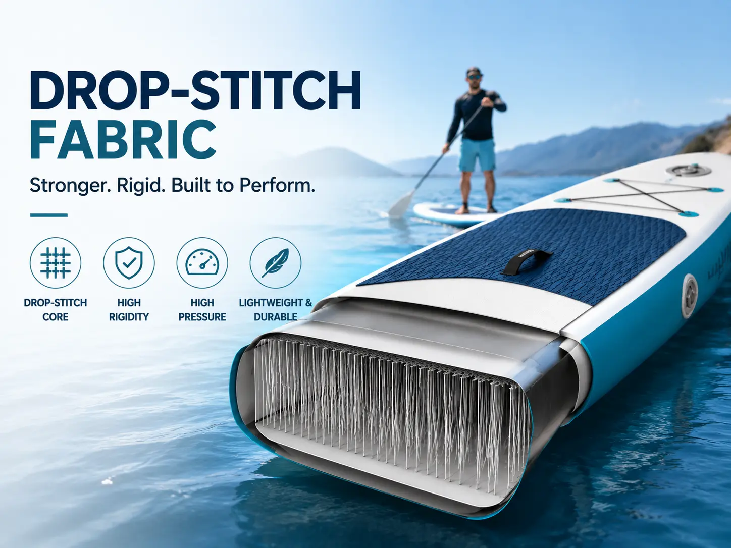 Cutaway view of inflatable SUP showing drop-stitch fabric core structure for improved rigidity and durability
