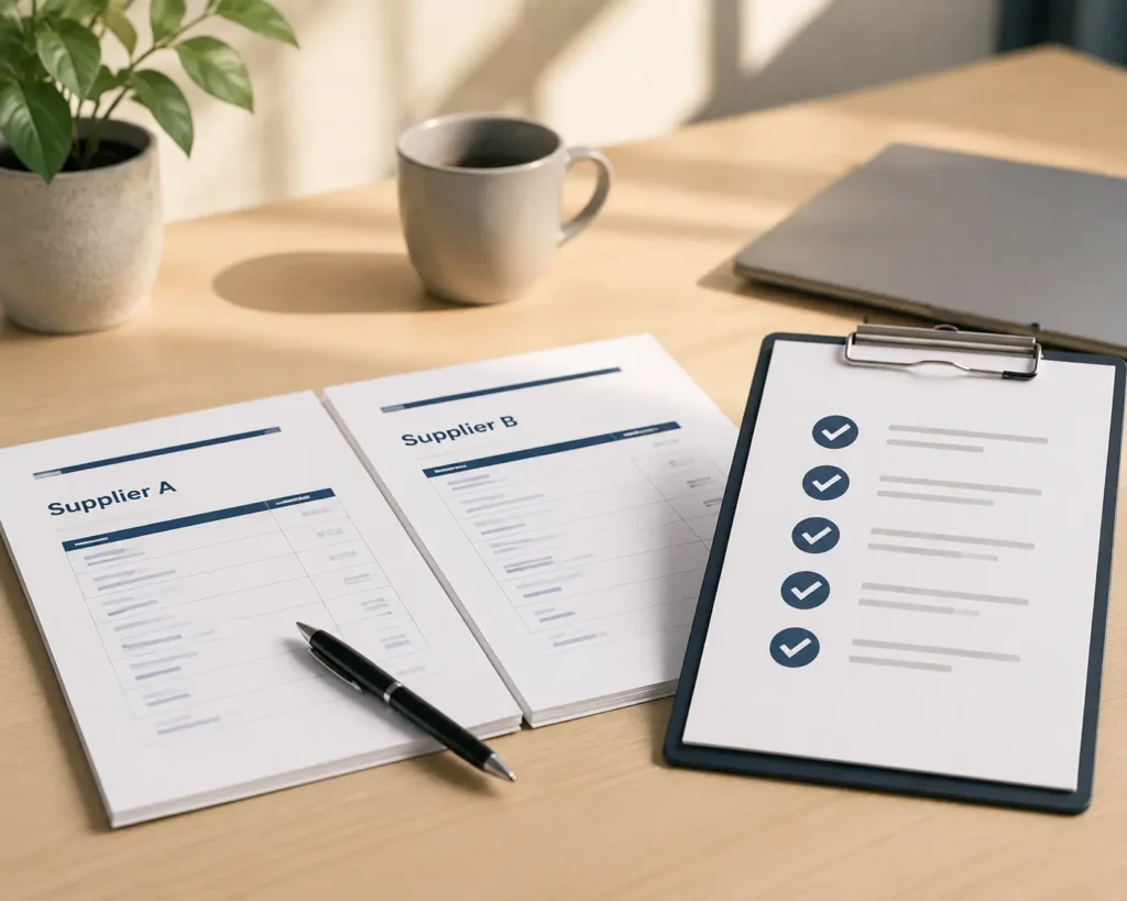 A buyer comparing inflatable SUP supplier quotations with supplier documents and checklist on a workspace