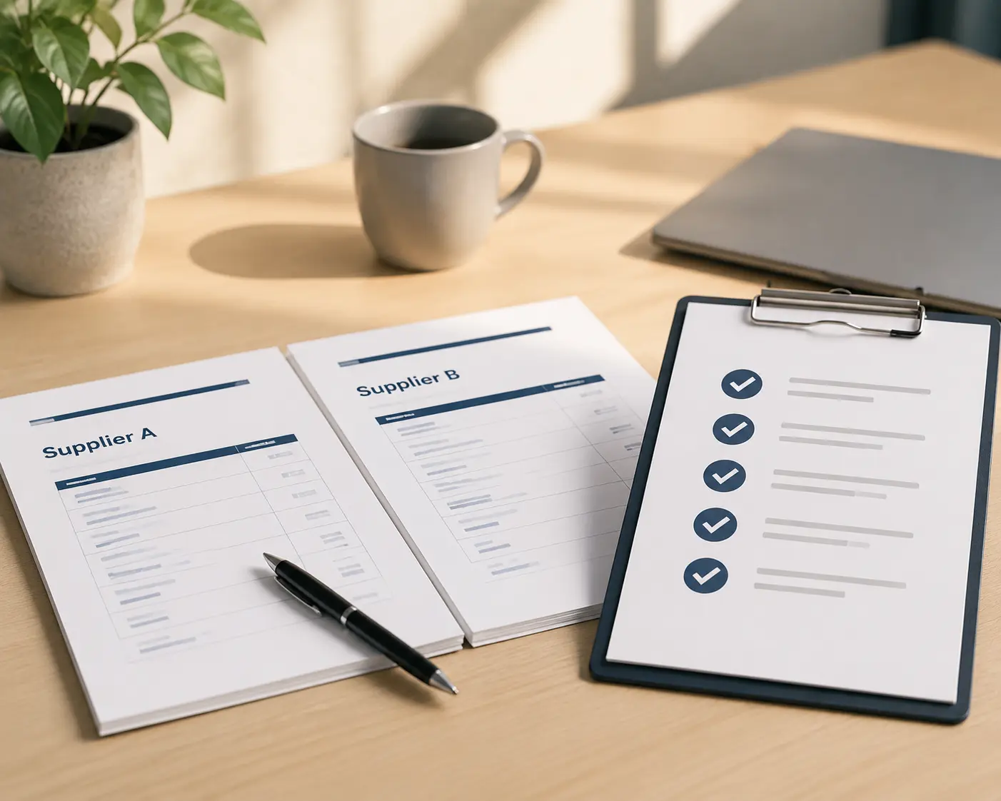 A buyer comparing inflatable SUP supplier quotations with supplier documents and checklist on a workspace