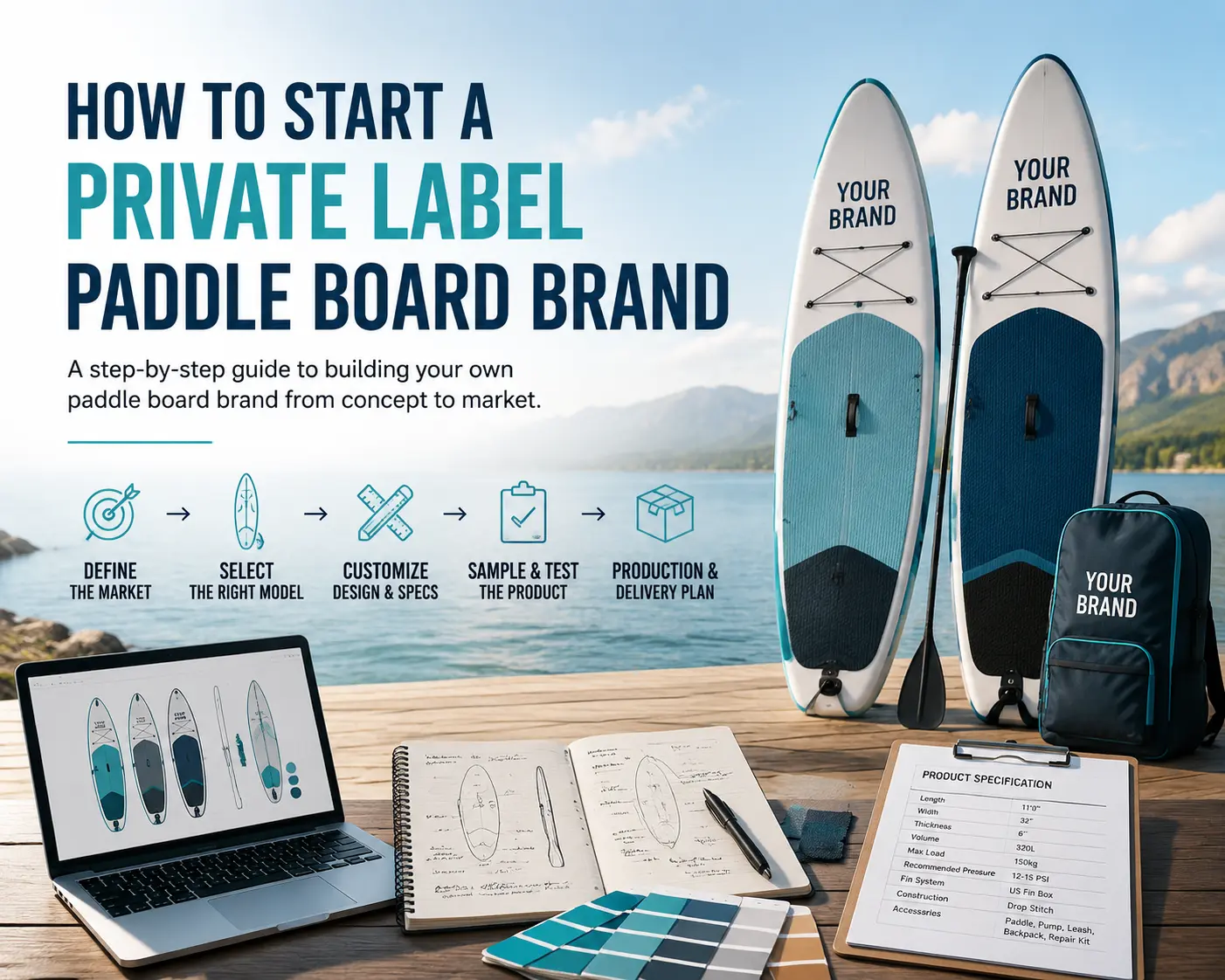 Step-by-step guide for starting a private label paddle board brand, including market positioning, SUP model selection, customization, sample testing, production, and delivery planning.