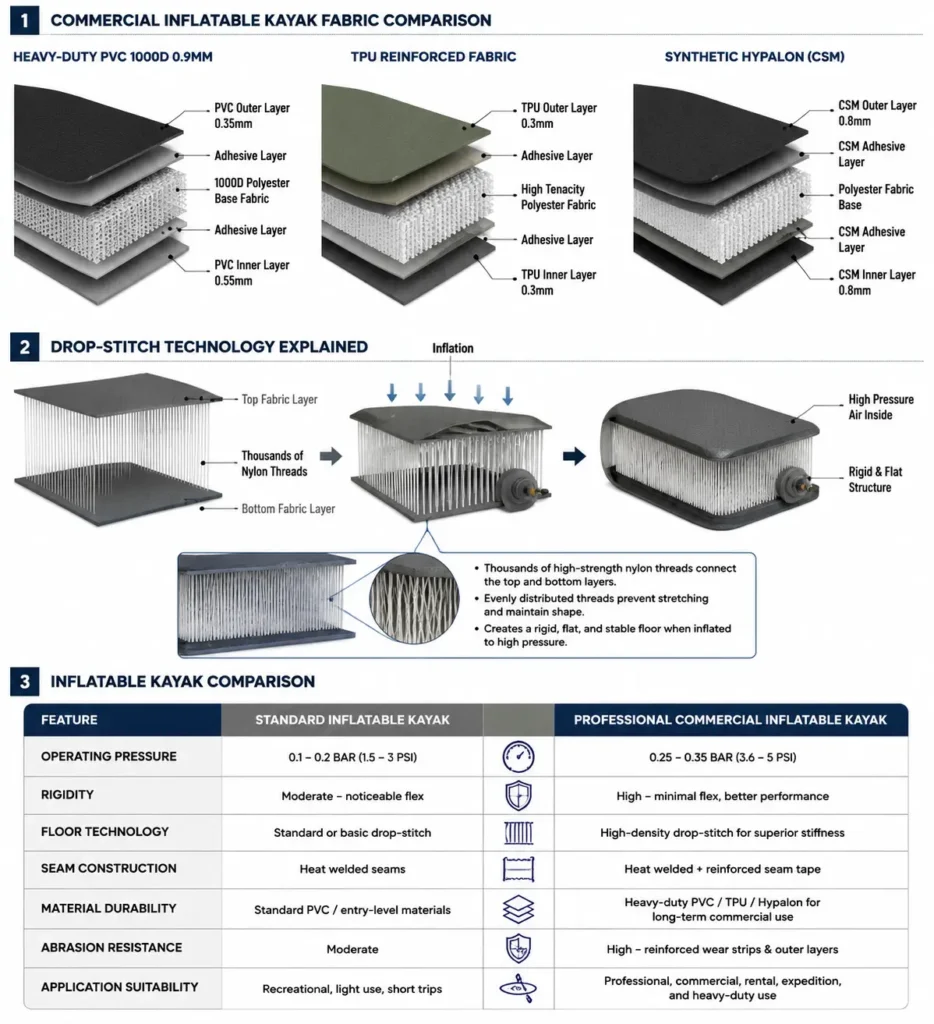 Professional inflatable kayak construction infographic showing PVC, TPU, and Hypalon material layers, drop-stitch technology structure, and comparison between standard and commercial inflatable kayaks.
