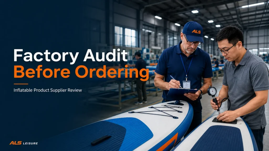 A buyer and quality inspector reviewing an inflatable SUP with a pressure gauge and inspection checklist inside a manufacturing facility.