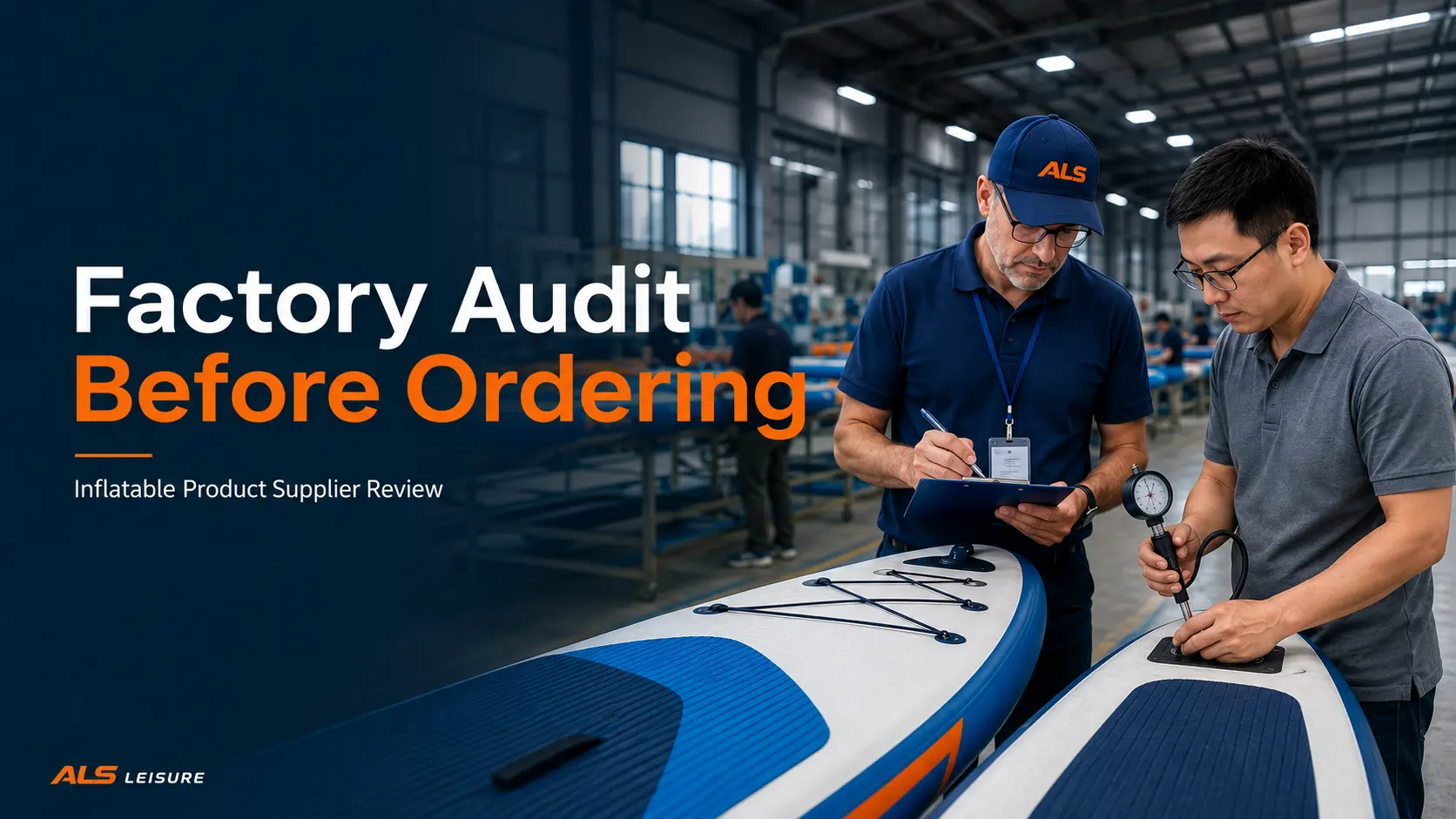 A buyer and quality inspector reviewing an inflatable SUP with a pressure gauge and inspection checklist inside a manufacturing facility.