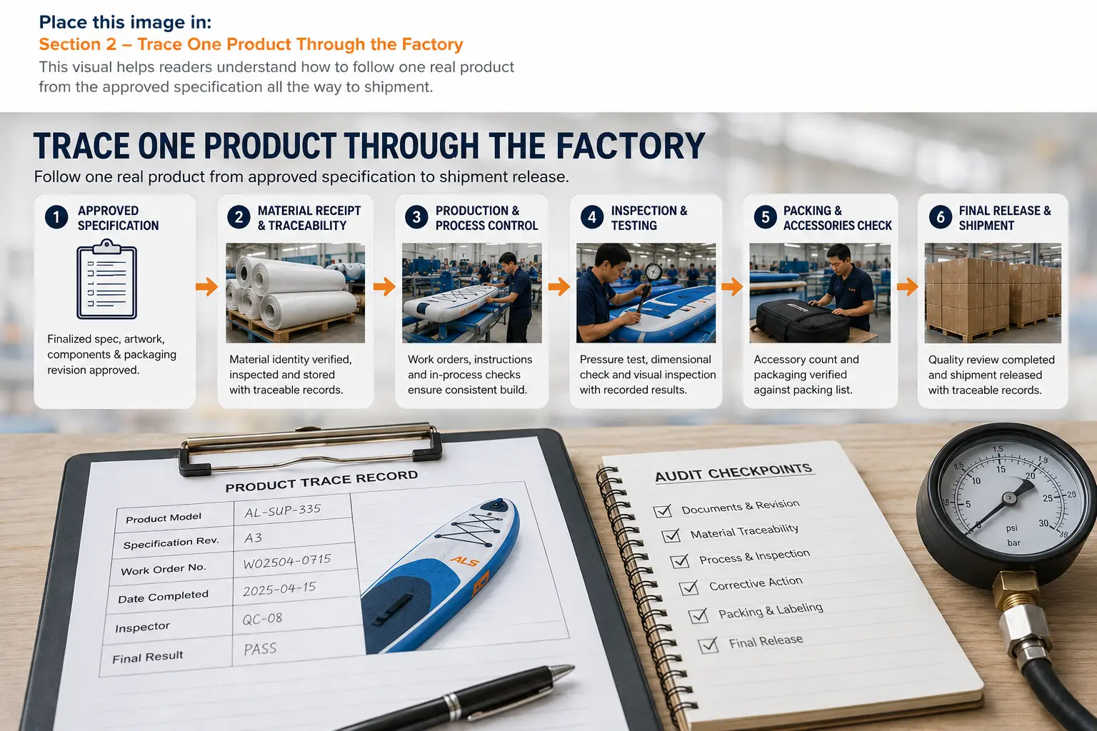 A six-step factory audit workflow tracing an inflatable SUP from approved specifications and material receipt through production, inspection, packing, and shipment release.