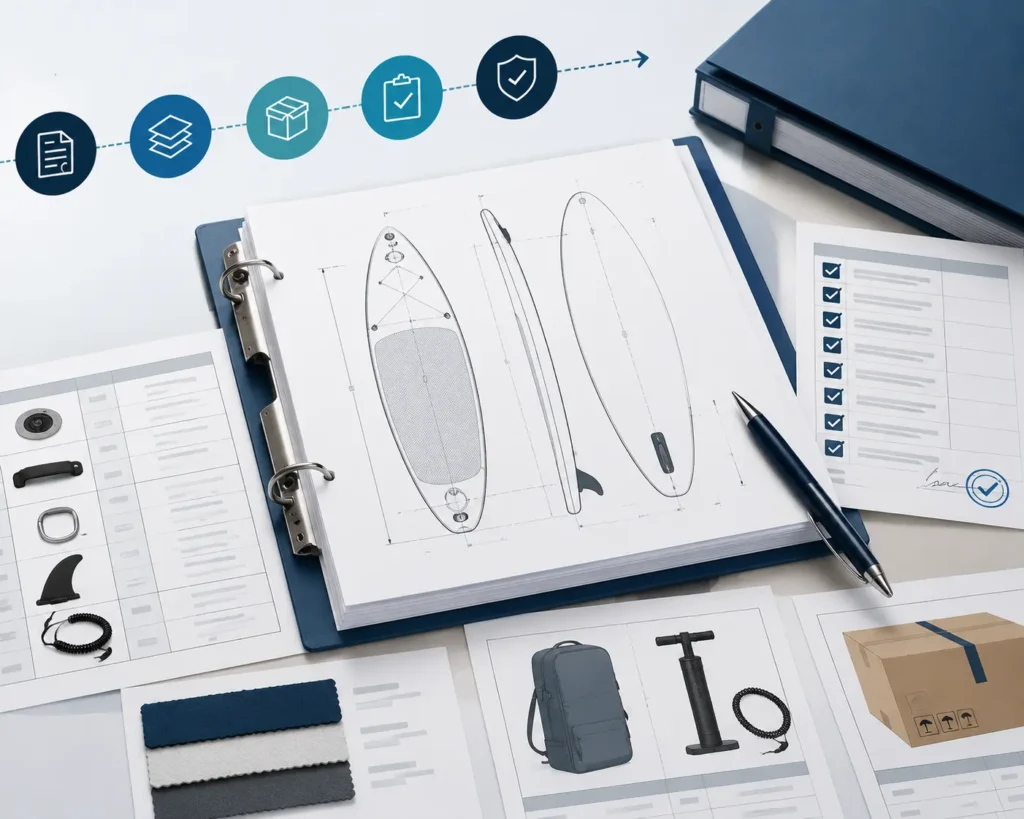 Inflatable SUP sample evaluation workflow showing specification review, test conditions, comparison analysis, scoring records, and supplier selection