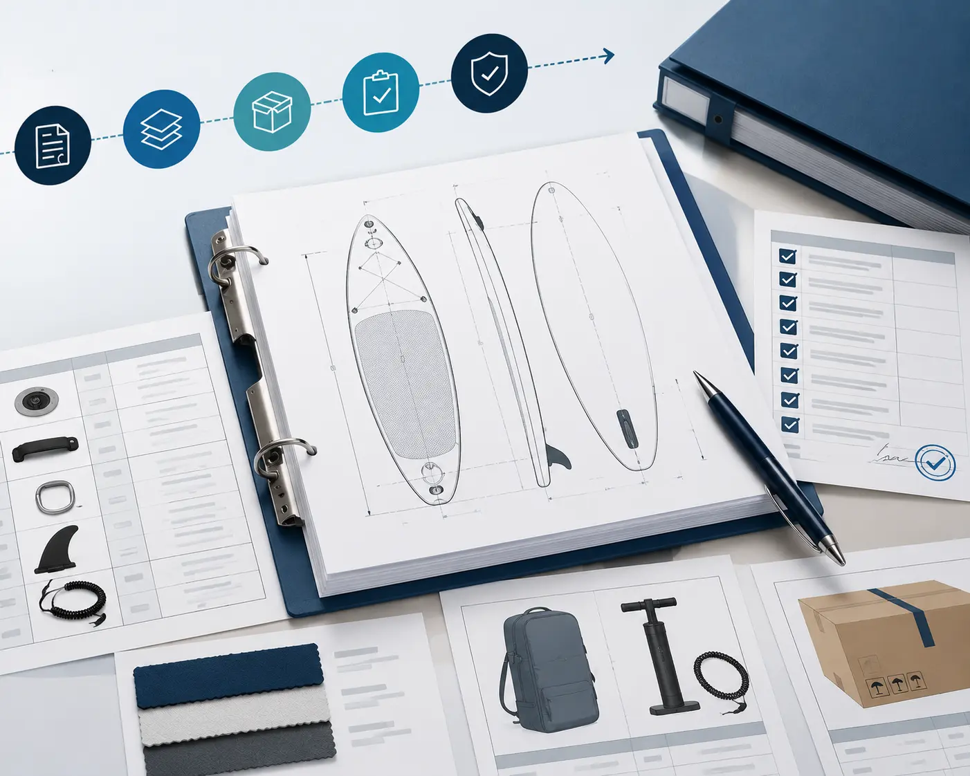 Inflatable SUP sample evaluation workflow showing specification review, test conditions, comparison analysis, scoring records, and supplier selection