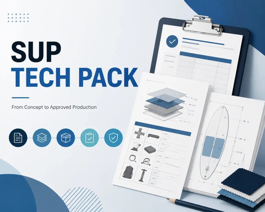 Inflatable SUP tech pack documentation showing product specifications, material details, component schedules, technical drawings, and production approval workflow
