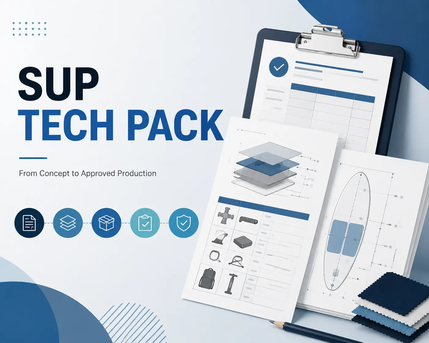 Inflatable SUP tech pack documentation showing product specifications, material details, component schedules, technical drawings, and production approval workflow