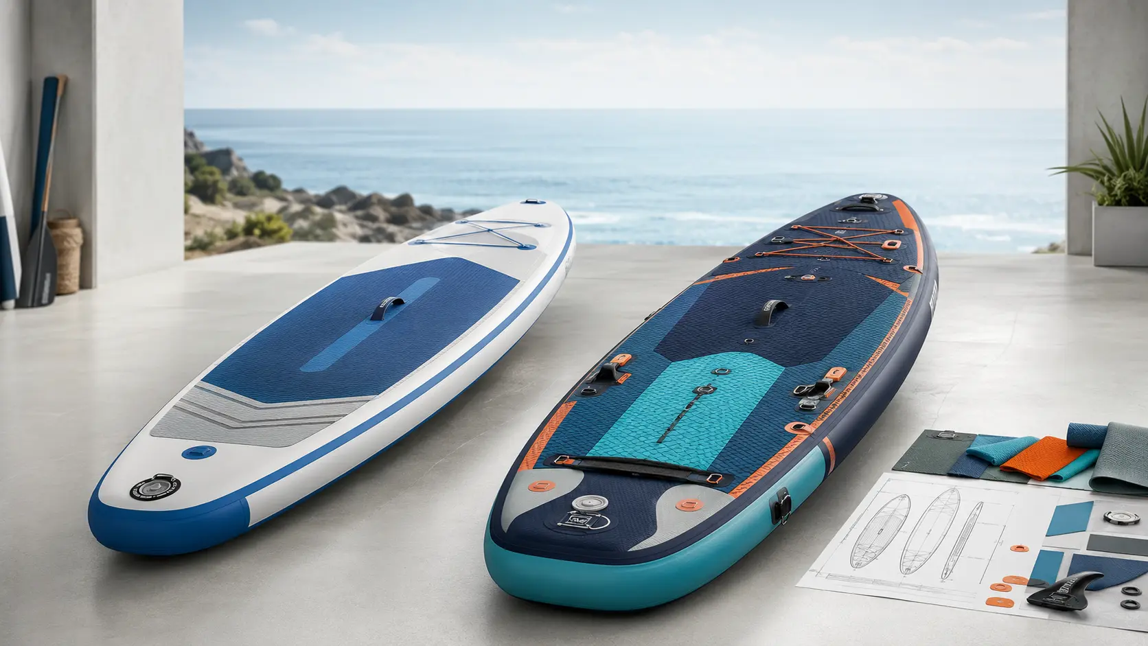 A private label inflatable SUP and a fully custom inflatable SUP displayed side by side with design drawings and material samples