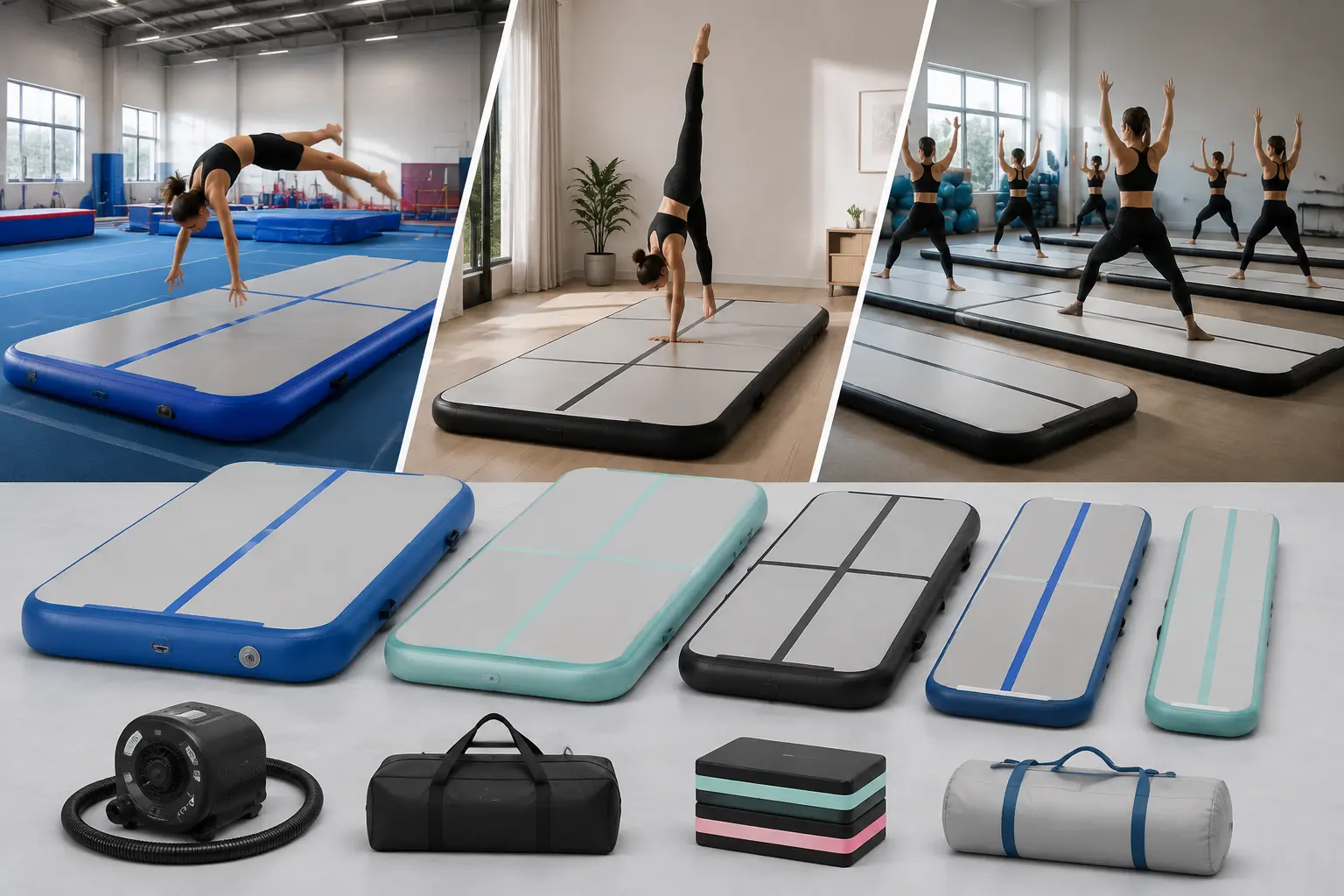 Inflatable Air Track product range featuring different sizes and applications for gyms, retail brands, home training, and fitness studios