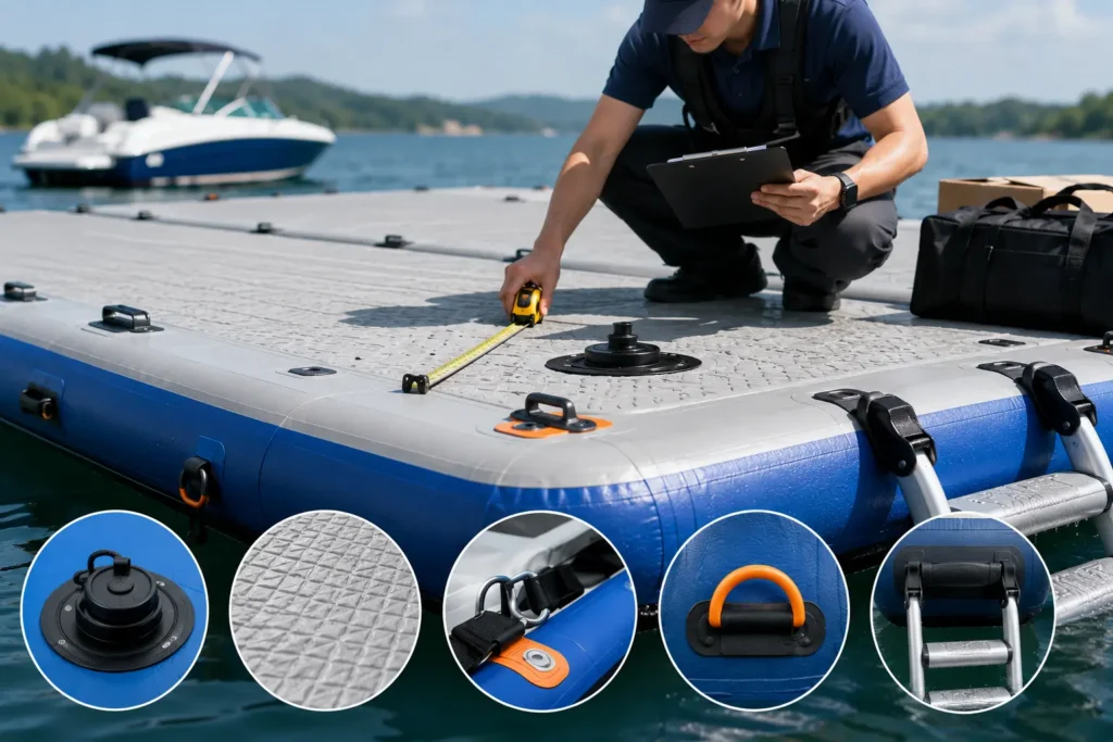 Commercial inflatable floating dock sample inspection with dimensions, valves, deck surface, fittings, and access features