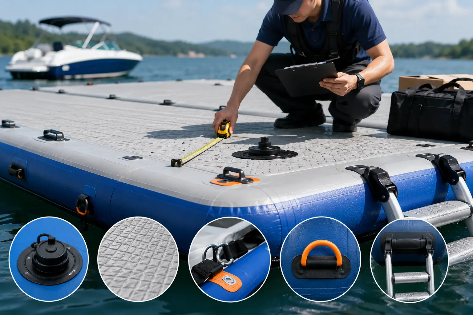 Commercial inflatable floating dock sample inspection with dimensions, valves, deck surface, fittings, and access features