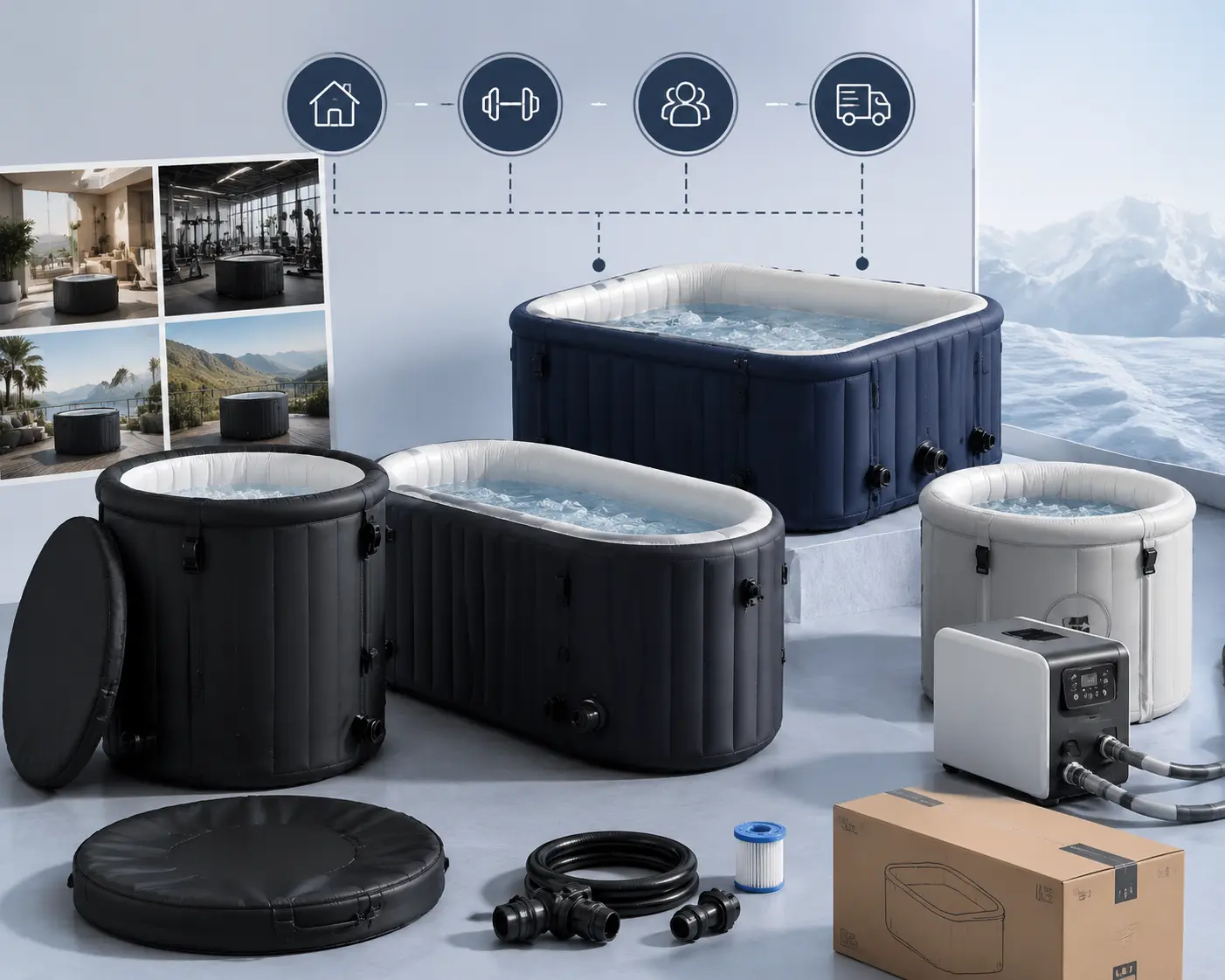 Private label inflatable ice bath product range with multiple tub formats, chiller system, accessories, and packaging solutions